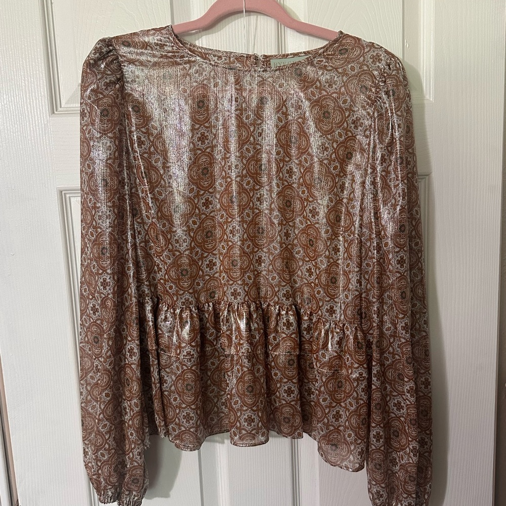 Romantic Brown Peplum Blouse with Long Sleeves